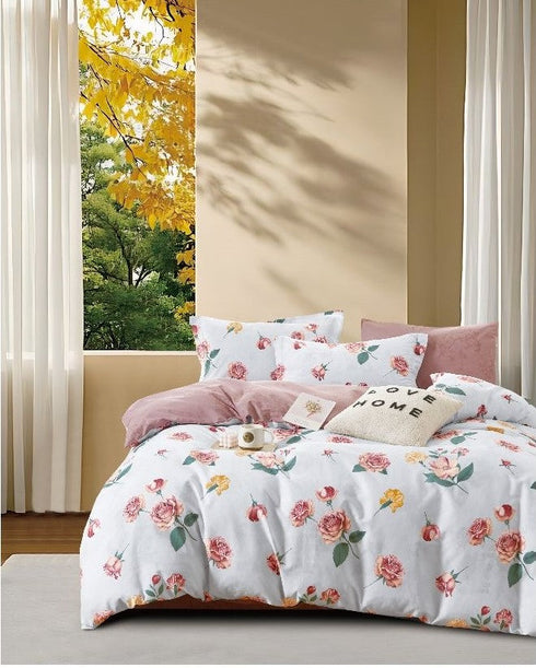 Florida Tulip 100% Pure Cotton Quality King Size Elastic Fitted Bedsheet with Coordinated Pillow Covers